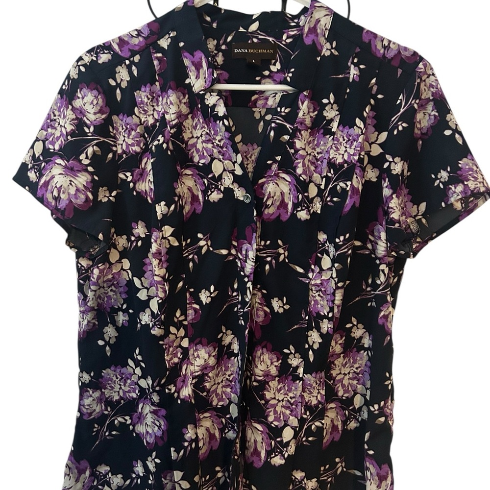 Dana Buchman Black Floral Button-Front Short Sleeve Blouse - Purple & White larg